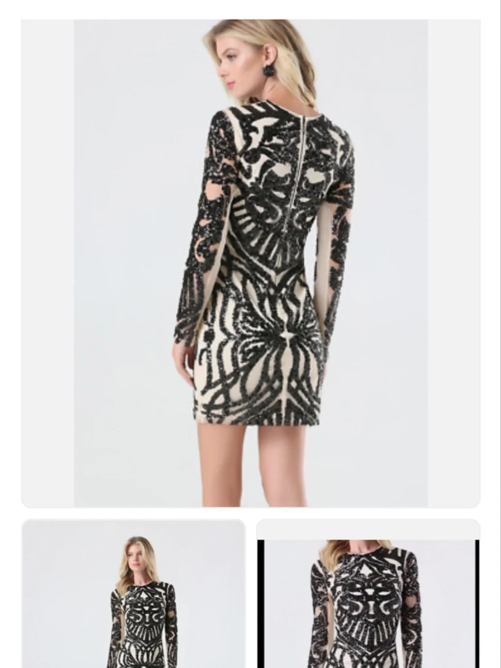 bebe Black and Ivory Sequin Mesh Long Sleeve Mini Dress - Picture 3 of 6
